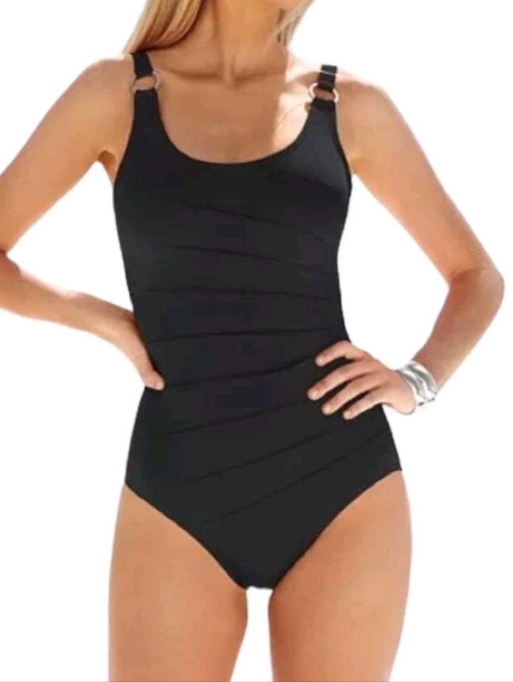 Calvin Klein STARBURST Black Scoop Neck One-Piece Swimsuit Ring Straps SZ 16